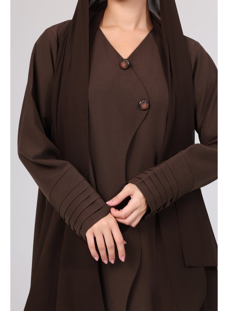 IKKXA Formal Button Details Pleated Sleeves Abaya ABY1098 Brown - Image 3